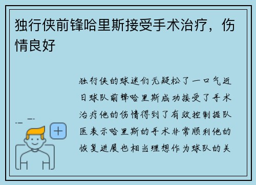 独行侠前锋哈里斯接受手术治疗，伤情良好